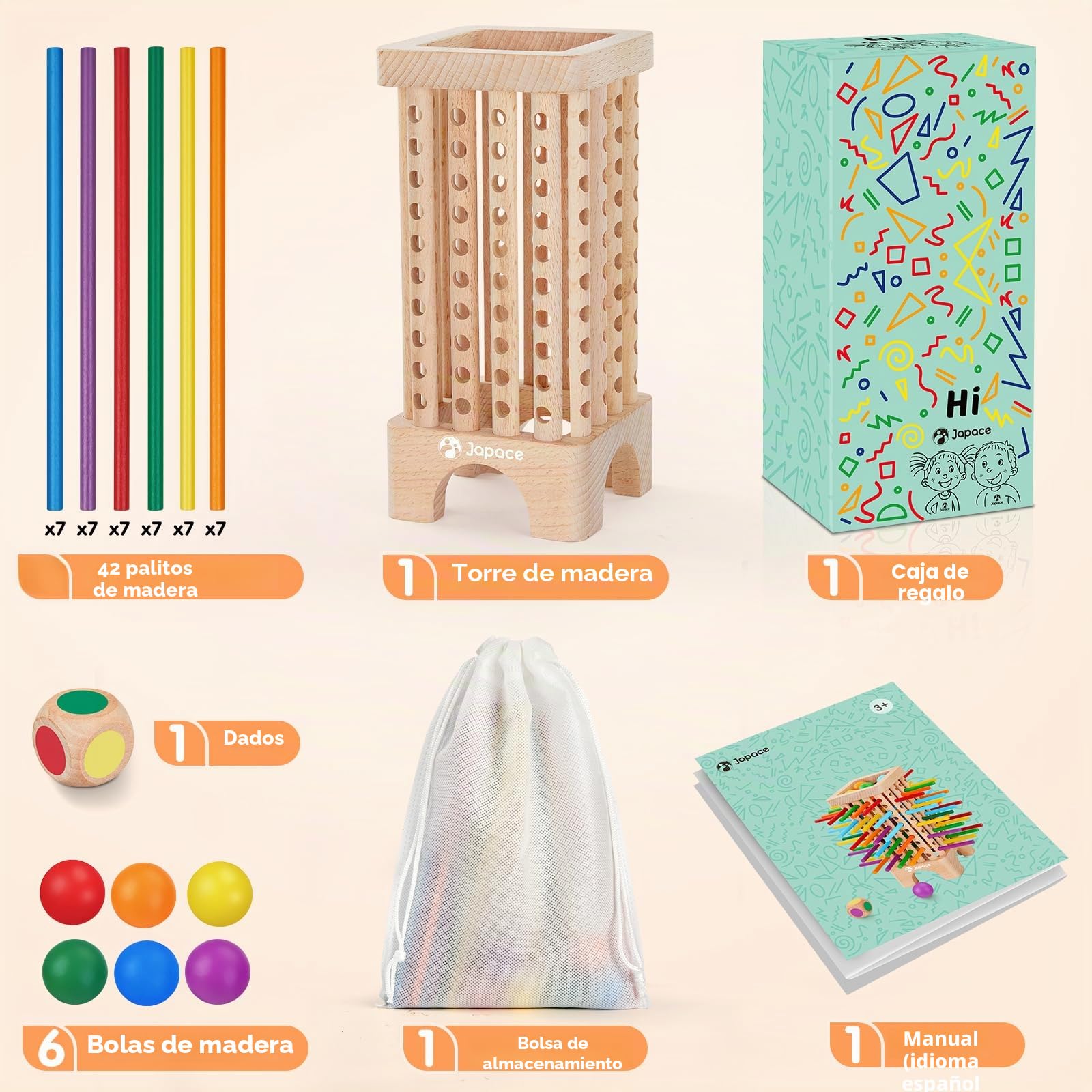 Japace Juego Montessori, Juego de Mesa de Madera, Juegos de Dados Juguetes Educativos Matematicas para Niños 3 4 5 6 Años, Juego de Habilidades Motoras Finas Juegos de Tablero Familiares y Viaje