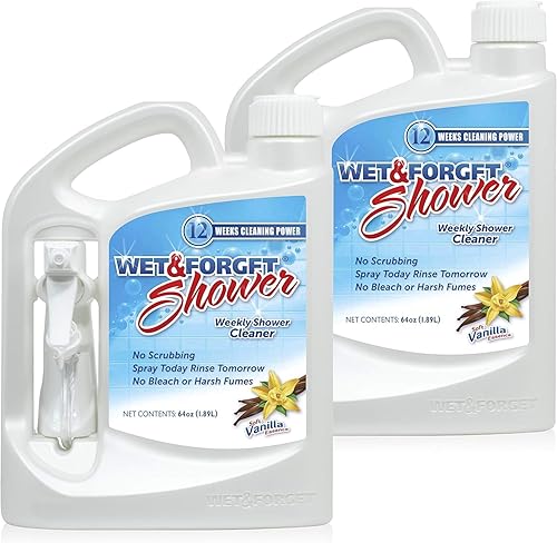 Wet & Forget Limpiador de ducha de aplicación semanal, no requiere fregar, fórmula sin blanqueador, listo para usar, aroma a vainilla, 64 onzas