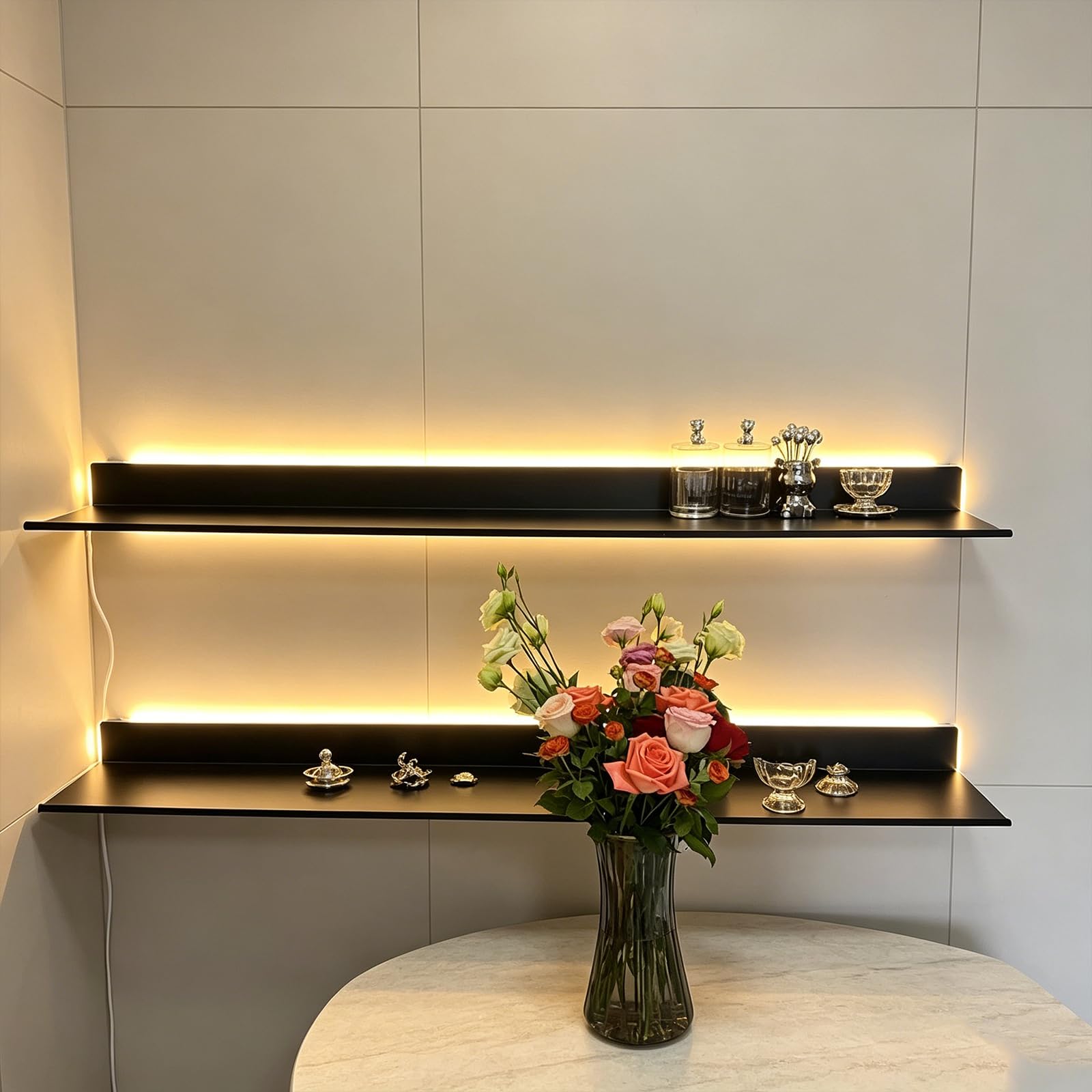 Estantes Flotantes Metálicos De Pared con Luces Led, Gran Capacidad De Carga para Sala De Estar, Cocina Y Baño, Estante Expositor con Iluminación Led Integrada (Negro, 80 Cm).