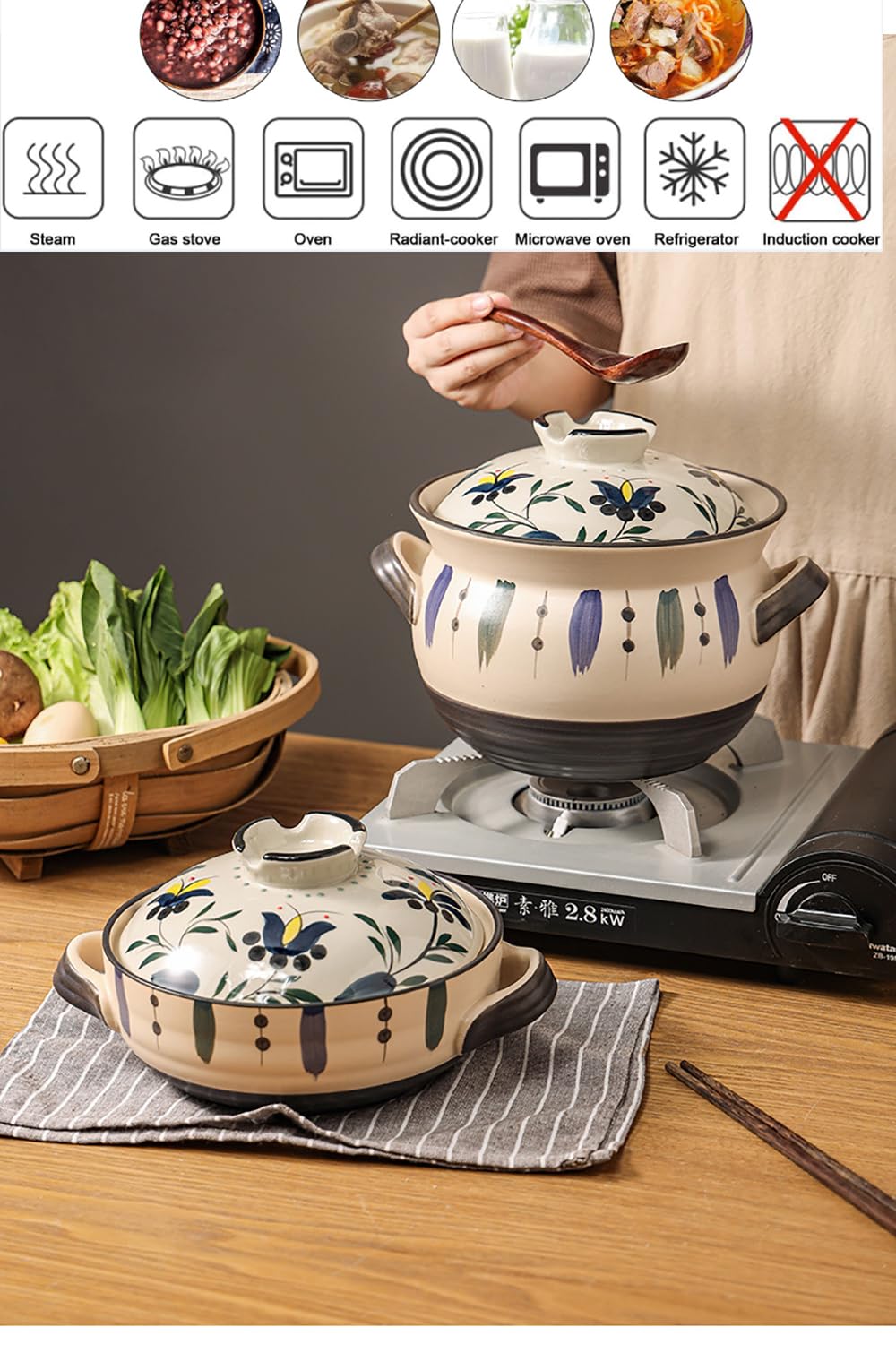 Casseruola in ceramica, pentola di terracotta, pentole con coperchio, casseruola in ceramica per stufato, zuppa, vapore (35L)