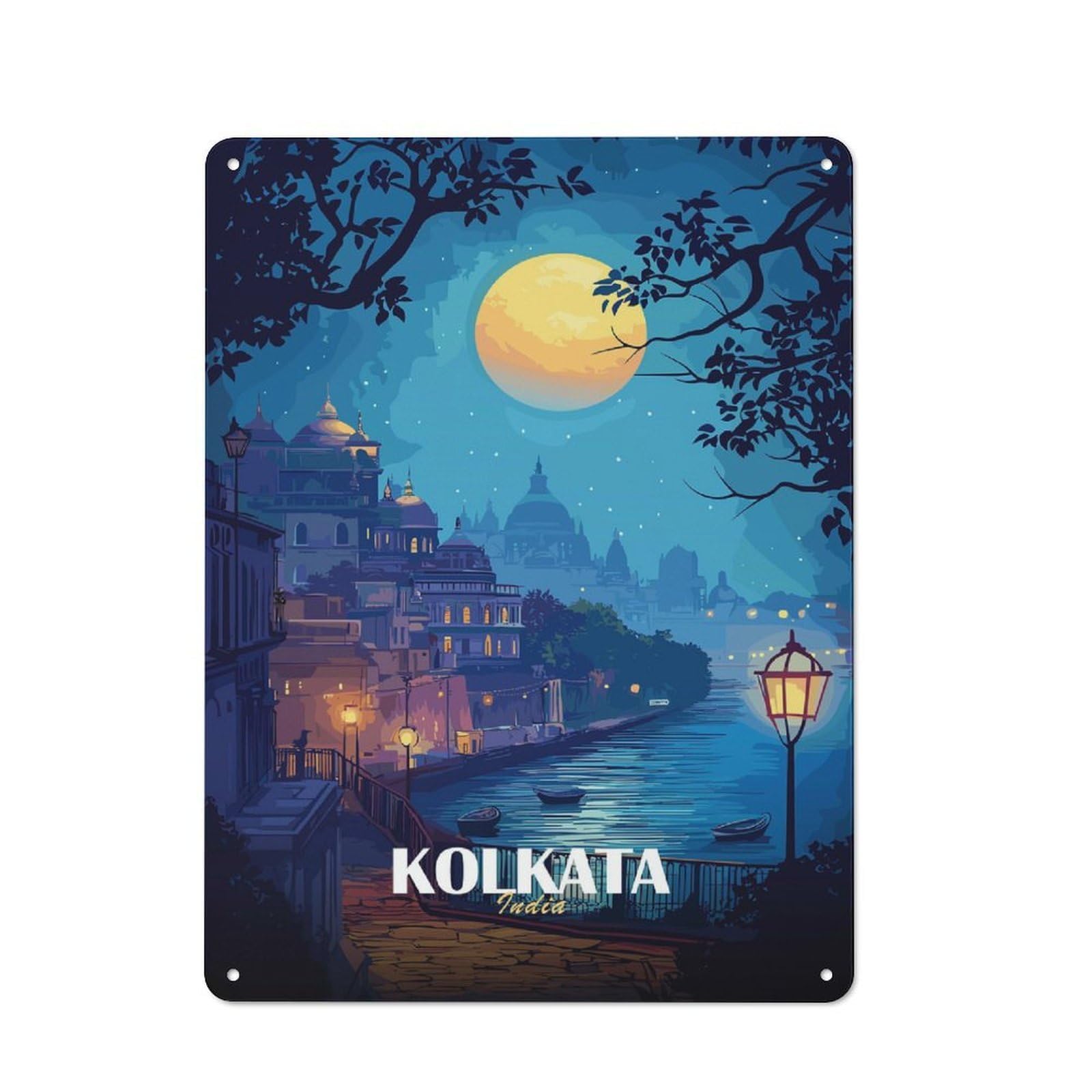 Junmoney Kolkata India Nightscape Illustration Tin Wall Plaque 40X30cm With For Garage Wall, For Collectors Of Retro Metal Wall Decor