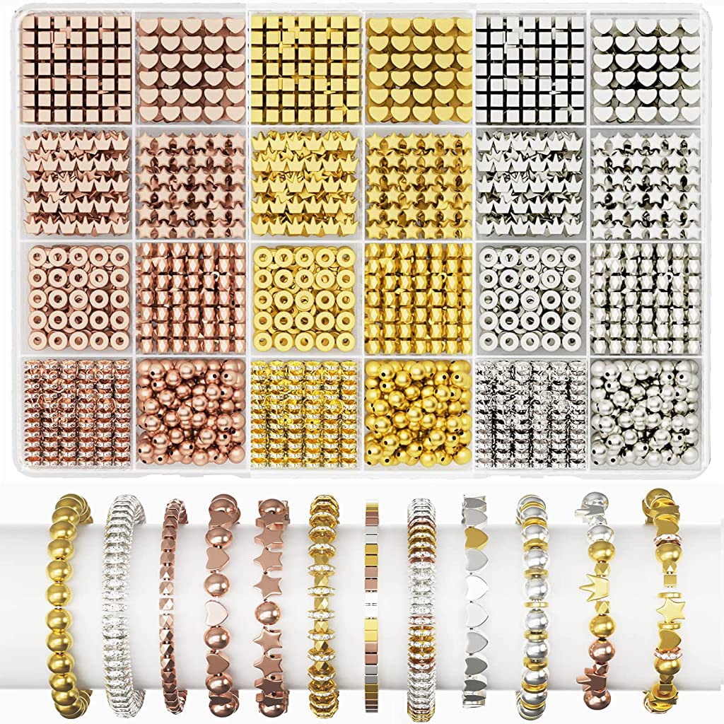 SANNIDHI® Beads for Jewellery Making Kit 150g Metallic Plated Beads for Craft DIY Set Spacer Beads for Bracelet Necklace Jewelry - 8 Styles, 3 Color(Gold/Sliver/Rose Gold)