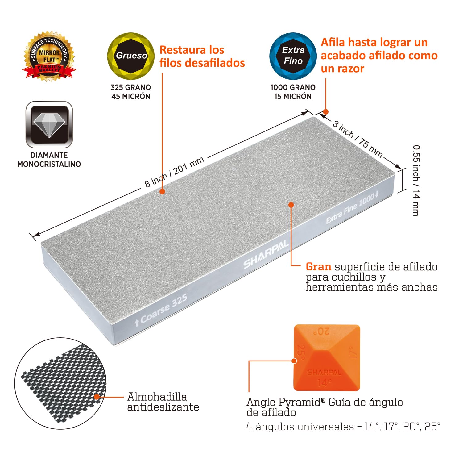 SHARPAL 168H Piedra de Afilado de Diamante 201x75mm Doble Grano Grueso 325 y Extra Fino 1000