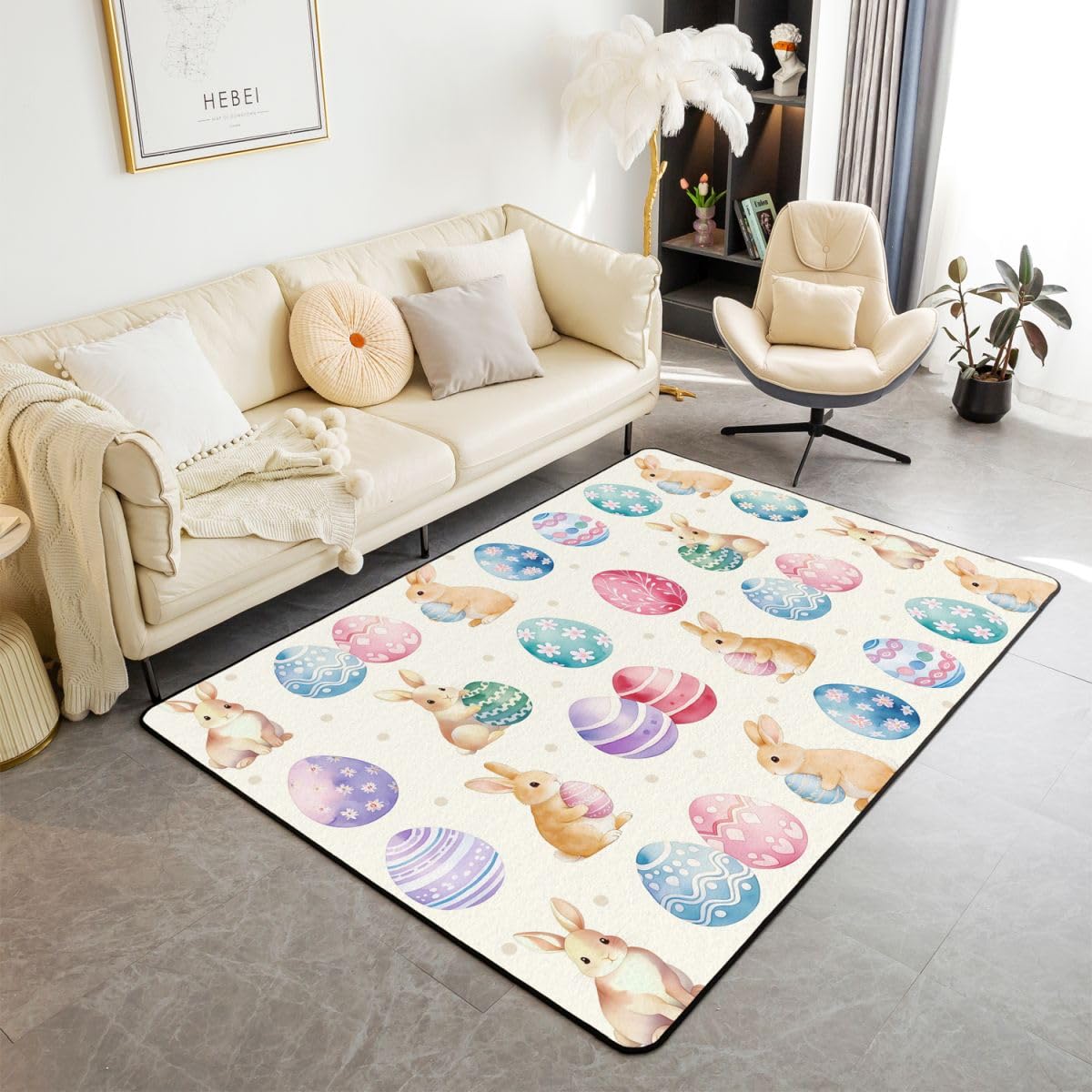 Manfei Happy Easter - Alfombra de interior con diseño de conejos de dibujos animados, para entrada, decoración de habitación de niños y niñas, estampado de huevos coloridos, alfombras antideslizantes