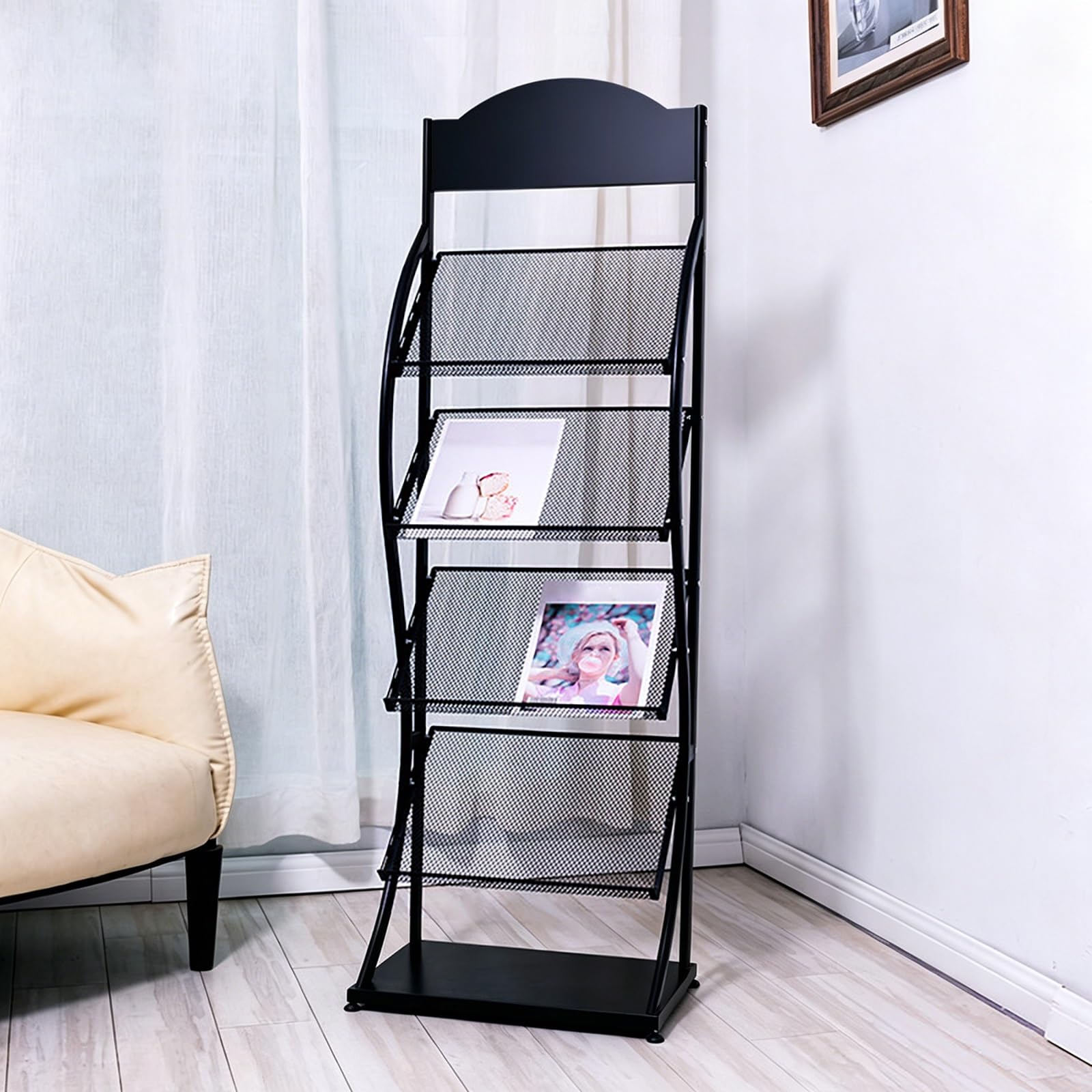 Cjwkxqol Black Floor Standing Magazine Display Rack, Metal Mesh Brochure Holder With Top Billboard For Office Lobby Exhibition Hospital(,148*50Cm/58*19.7In)