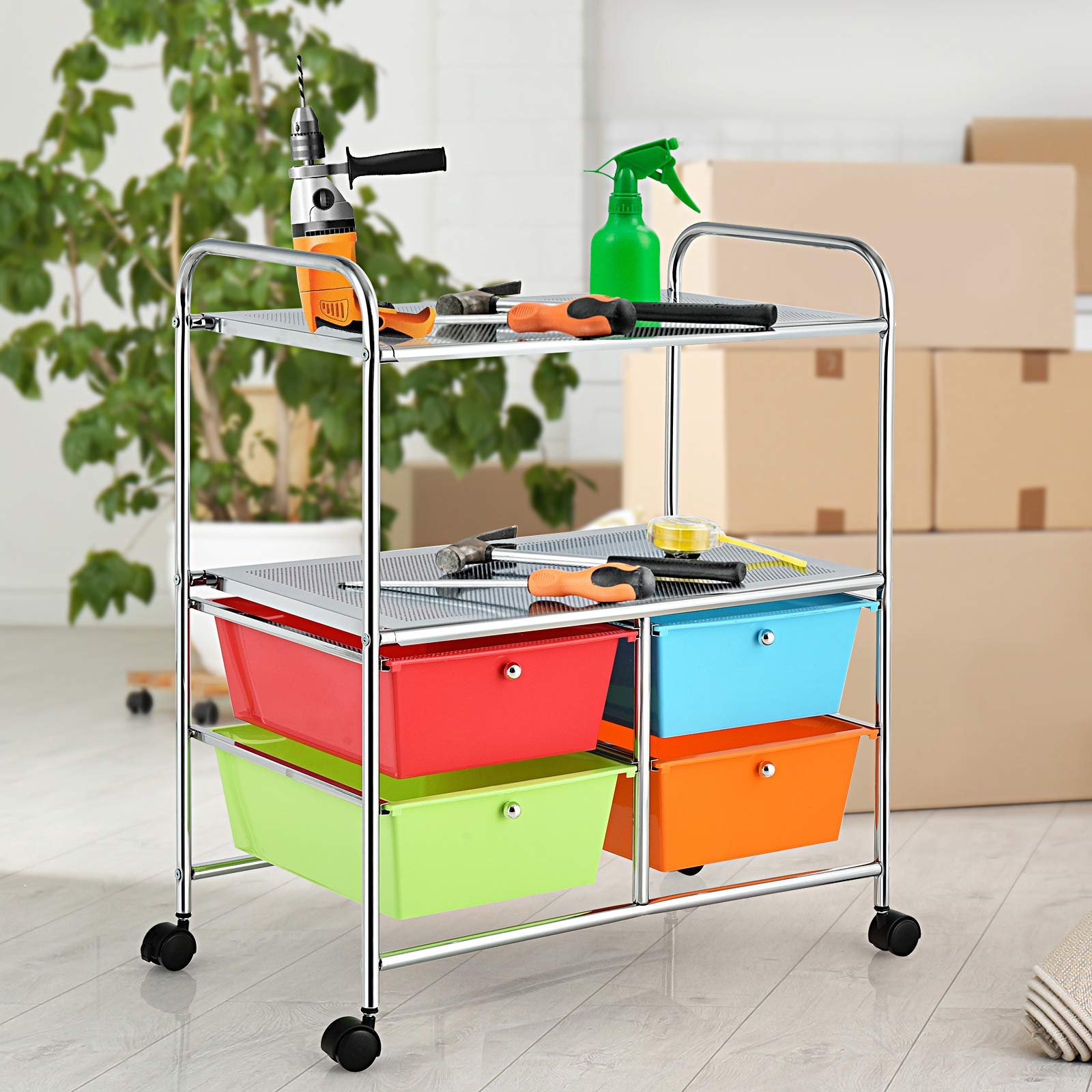 GOPLUS Chariot de Rangement 3 Niveaux avec 4 Tiroirs, Tour de Rangement à roulettes, Cadre en Acier, pour Chambre, Bureau, 63 x 37 x 74,5 CM, Multicolore