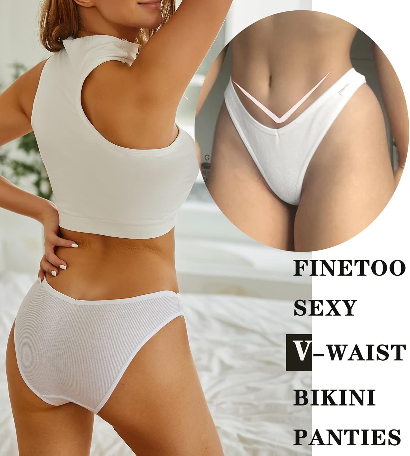 FINETOO Womens Underwear Cotton Bikini Rib Cheeky Panties Sexy V-shaped Waistband Hipster - Image 4