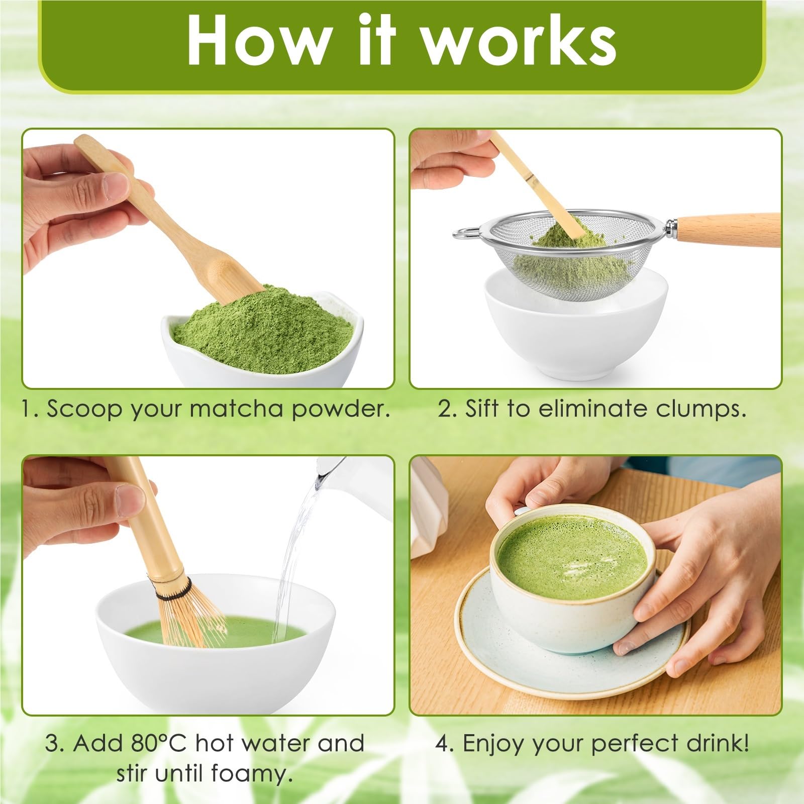 Servicio de té Matcha Juego de 4 o 5 batidores matcha hechos a mano, cuchara for té tradicional, colador profundo, soporte transparente for almacenamiento(5Pcs)