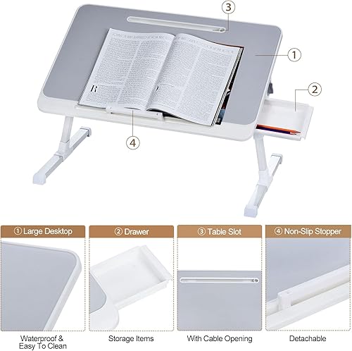 Miniatura 4 de PATIKIL Mesa de cama para laptop, 23.6 x 15.7 pulgadas, escritorio plegable con cajón de almacenamiento, escritorio de cama ajustable para laptop,