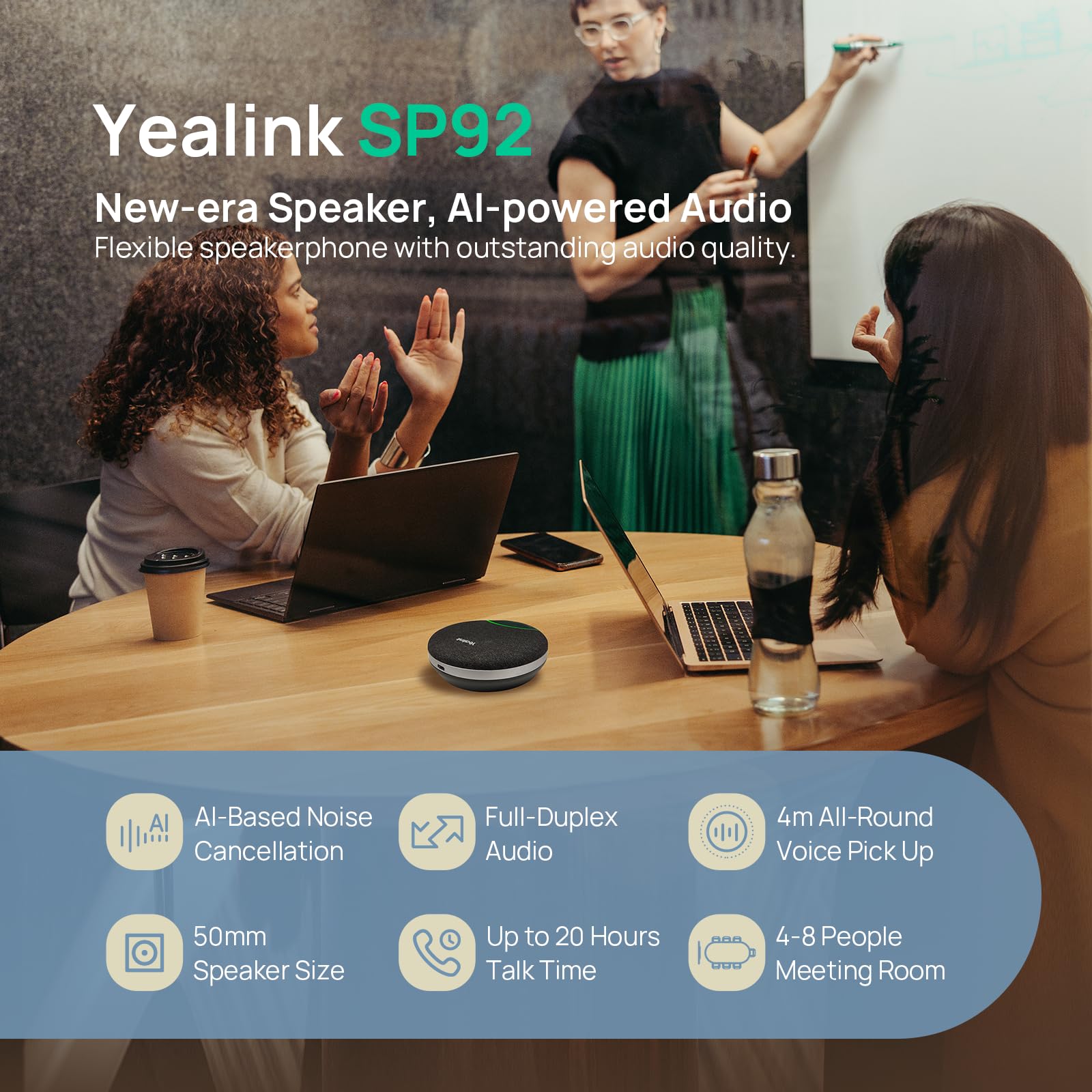 Yealink SP92 Büro Konferenz Lautsprecher mit Mikrofon, Tragbarer Bluetooth-Lautsprecher mit Dongle, KI-Mikrofon mit Geräuschunterdrückung, 20 Stunden Gesprächszeit, Plug-and-Play
