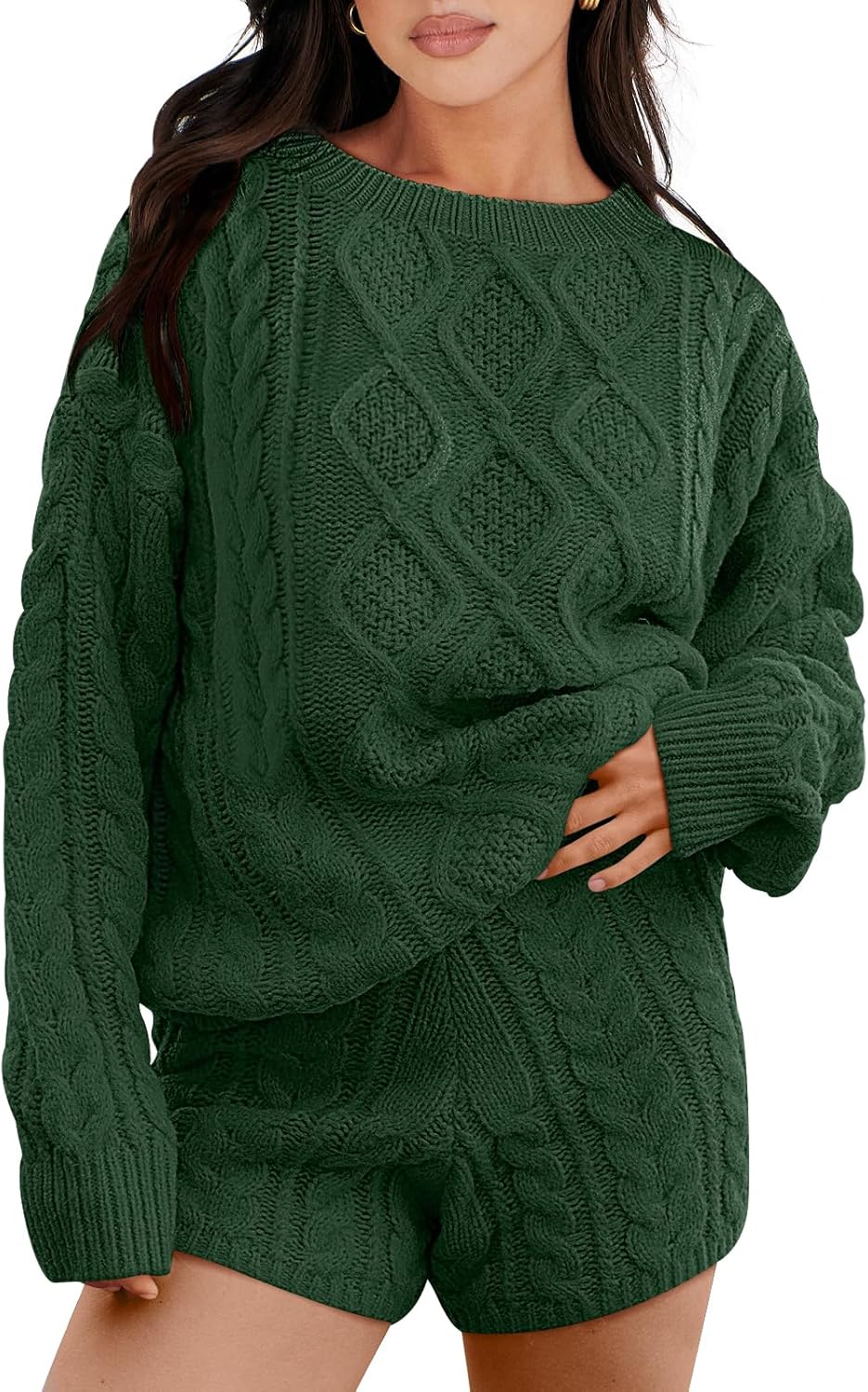 ANRABESS Women 2 Piece Outfits Sweater Lounge Loungewear Sets 2025 Fall Cable Knit Oversized Sweaters Shorts Matching Sets