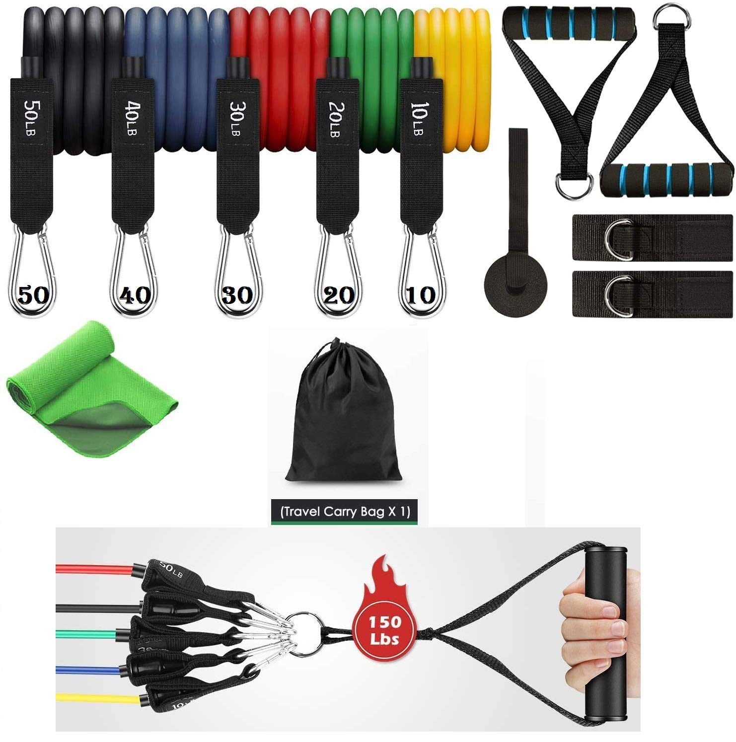 Portible Resistance Band Set Latex Resistance Band Set with Cooling Towel 12 Pieces Weight 10-50 LBS Total 150LBS with Handles