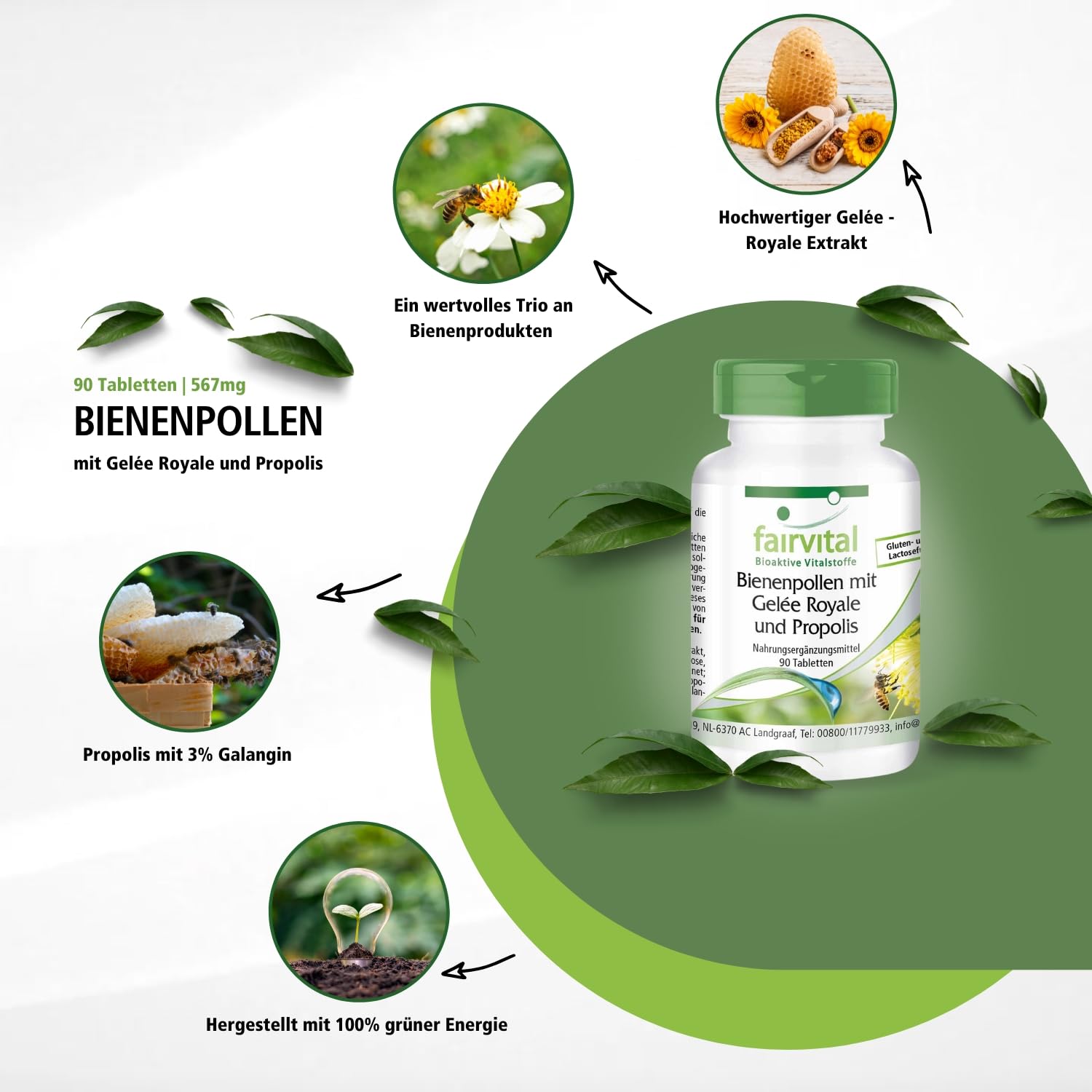 fairvital Bienenpollen mit Gelée Royale und Propolis, 90 Tabletten, HOCHDOSIERT