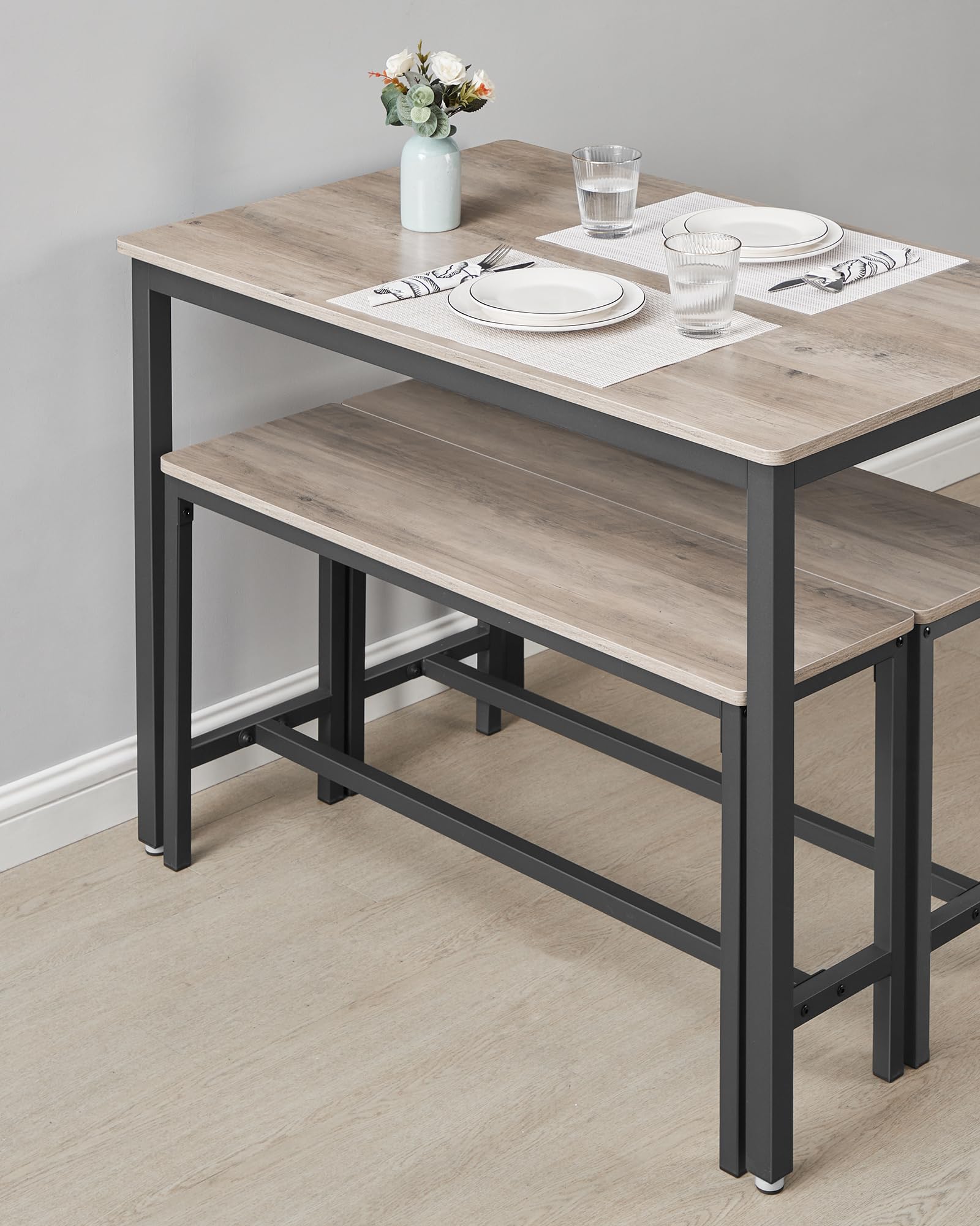 VASAGLE Eettafel met 2 banken, set van 3 meubels, eettafel 70 x 110 x 75 cm, 2 banken 30 x 97 x 50 cm, stalen frame, grijs gemêleerd en inktzwart KDT070B02 VASAGLE Eettafel met 2 banken, set van 3 meubels, eettafel 70 x 110 x 75 cm, 2 banken 30 x 97 x 50 cm, stalen frame, grijs gemêleerd en inktzwart KDT070B02