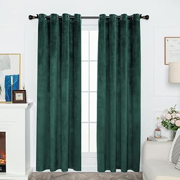 FY FIBER HOUSE Velvet Curtain Panel Drapes Back Tab/Rod Pocket Off White 52W x 95L Inch Each,Velvet Curtains Grommet Ring Window Panel Set Drapes Blackout Drape Panels Dark Green