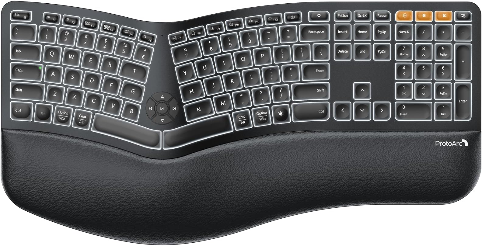 Backlit Wireless Ergonomic Keyboard, EK01 Plus Full Size Ergo Keyboard with Wrist Rest, Split Design, Rechargeable, Bluetooth and USB, Natural Typing Compatible with Windows/Mac/Android,Black