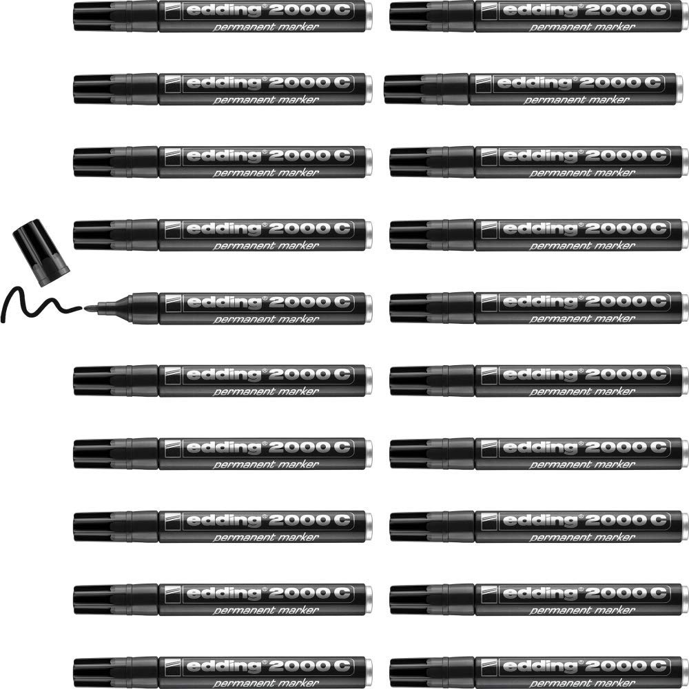 edding 2000 C marcador permanente - negro - 20 rotuladores - punta redonda 1,5-3 mm - indeleble de secado rápido - resistente al agua y a los borrones - cartón, plástico, madera, metal - universal