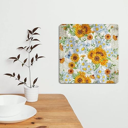 Miniatura 5 de Letrero de metal de girasoles de granja otoñal de 12 x 12 pulgadas, placa de lata retro de granja dorada, girasoles florales, pintura al óleo, placa
