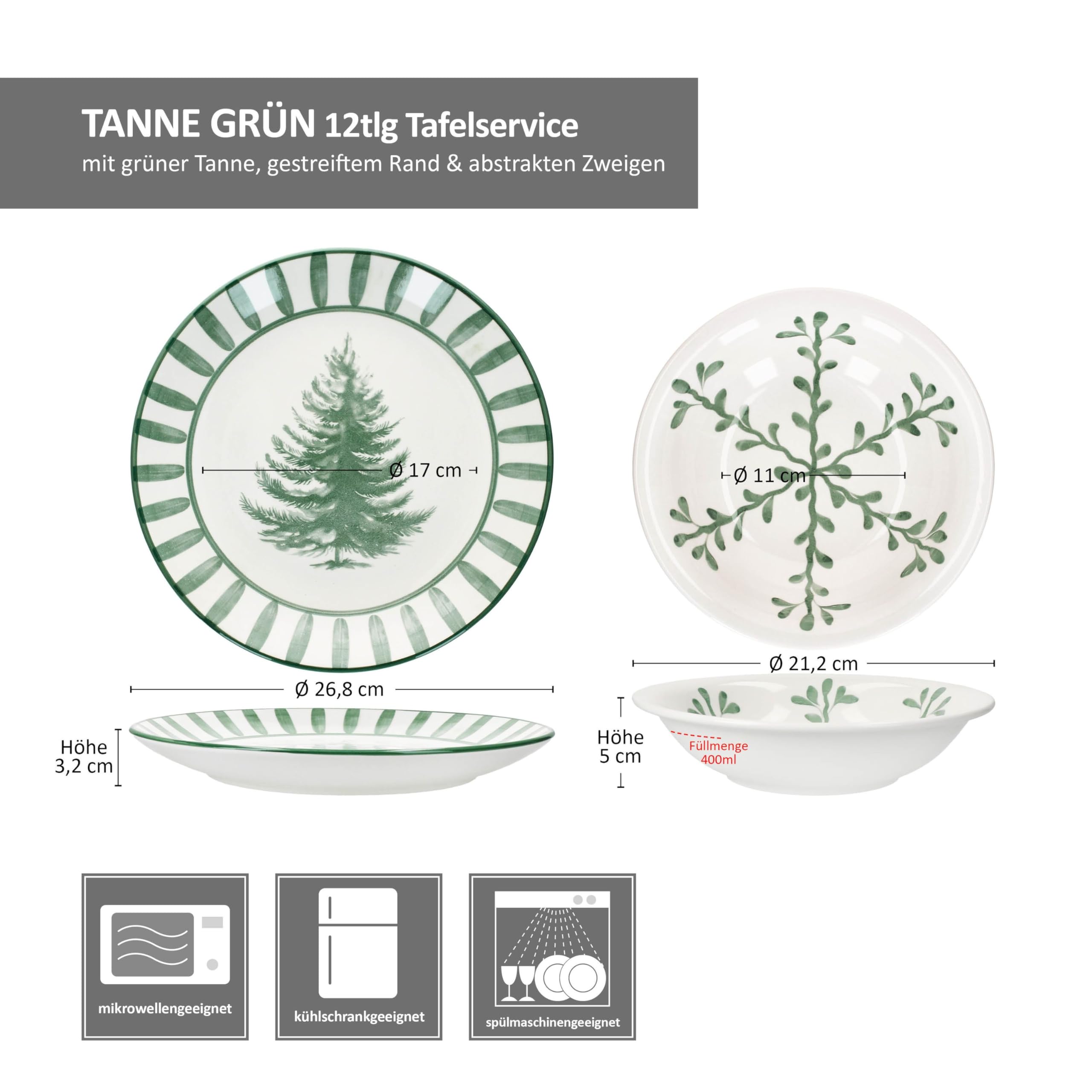 MamboCat Wald grün 12tlg Tafelservice I Steingut-Geschirr für 6 Personen Tanne & Zweigen I 6x flache Speiseteller & 6x tiefe Suppenteller 400ml