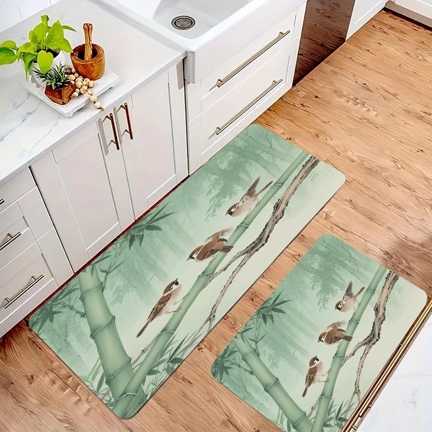 Brown Birds on Bamboo Kitchen Mat Set of 2 Ergonomic Comfort Velvet Rugs Cushioned Anti-Fatigue Non-Slip Standing Mats Thick Kitchen Floor Mat Carpet Runner Rugs 16"×24"+17"×47"