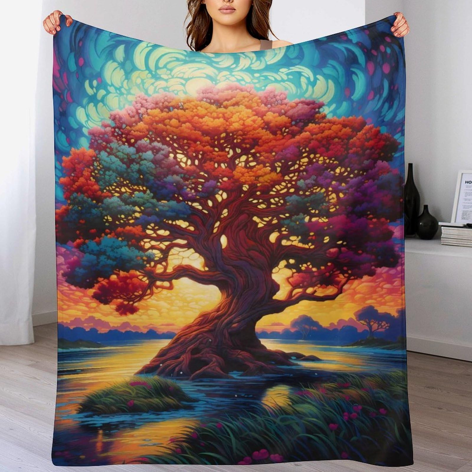 Polaire de flannel Yggdrasil plaid douillet arbre de vie 50x70 pour lit et canapé