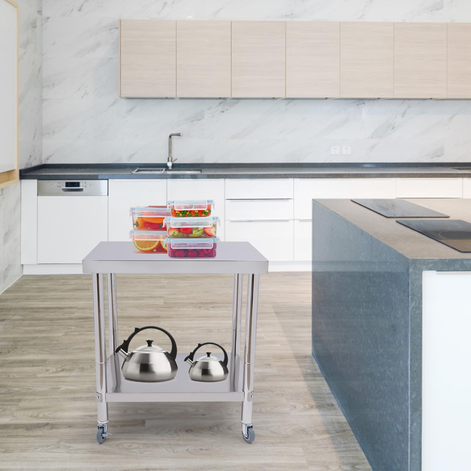 Tavolo da Lavoro Cucina in Acciaio Inox 76 x 60 x 85 cm, 2 livelli, 4 ruote di cui 2 con Freni, Carico 300 kg, per Ristoranti, Case, Hotel, Tavolo Inox di Preparazione Alimentare Versatile