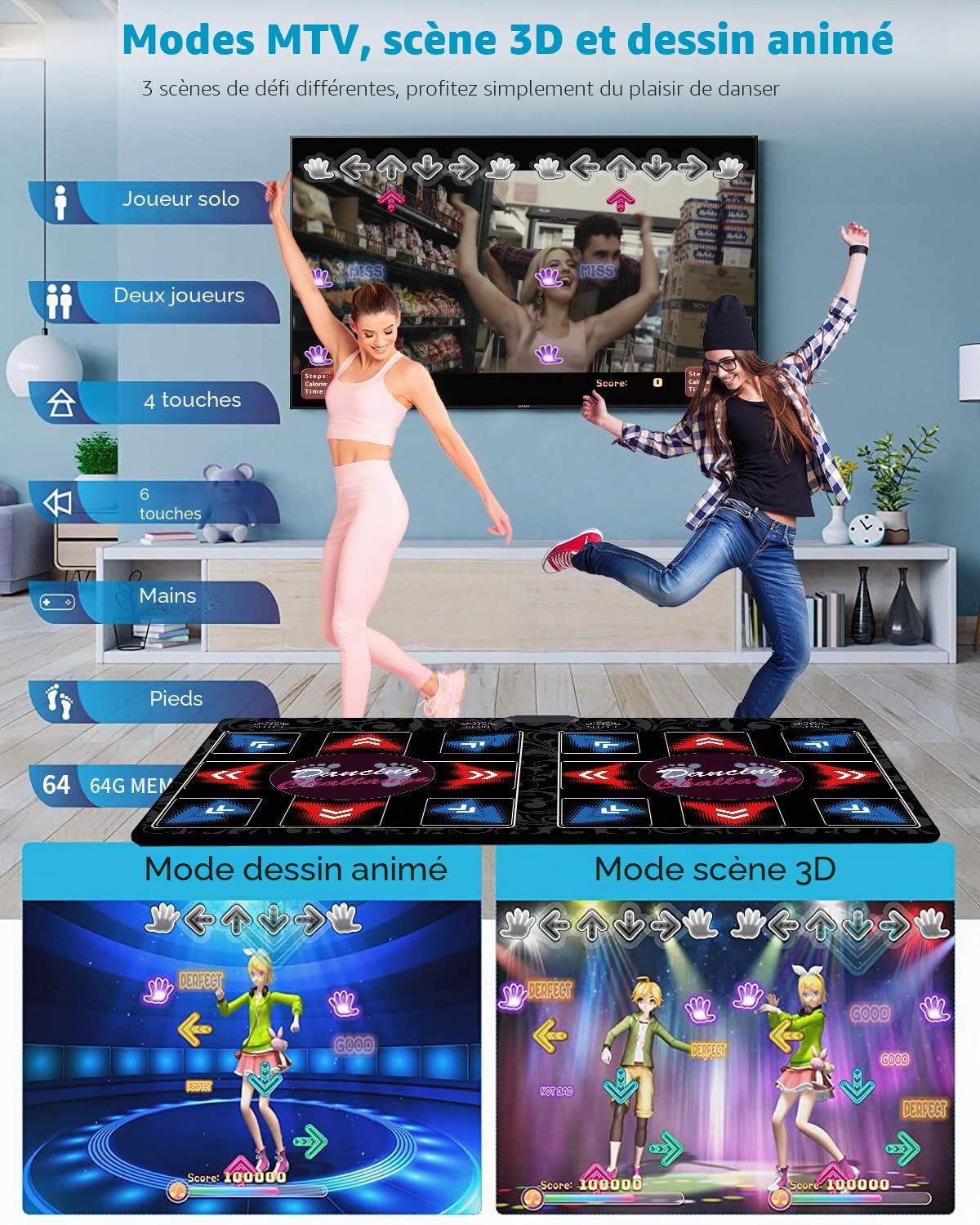 Tapis de Danse HDMI Double pour Enfants et Adultes, 64 Go avec 899 Jeux et 650 Morceaux, Fitness Dance Mat Sans Fil avec Modes MV/3D/Dessin Animé, Tissu en Flanelle Douce Premium, Cadeau Amusant
