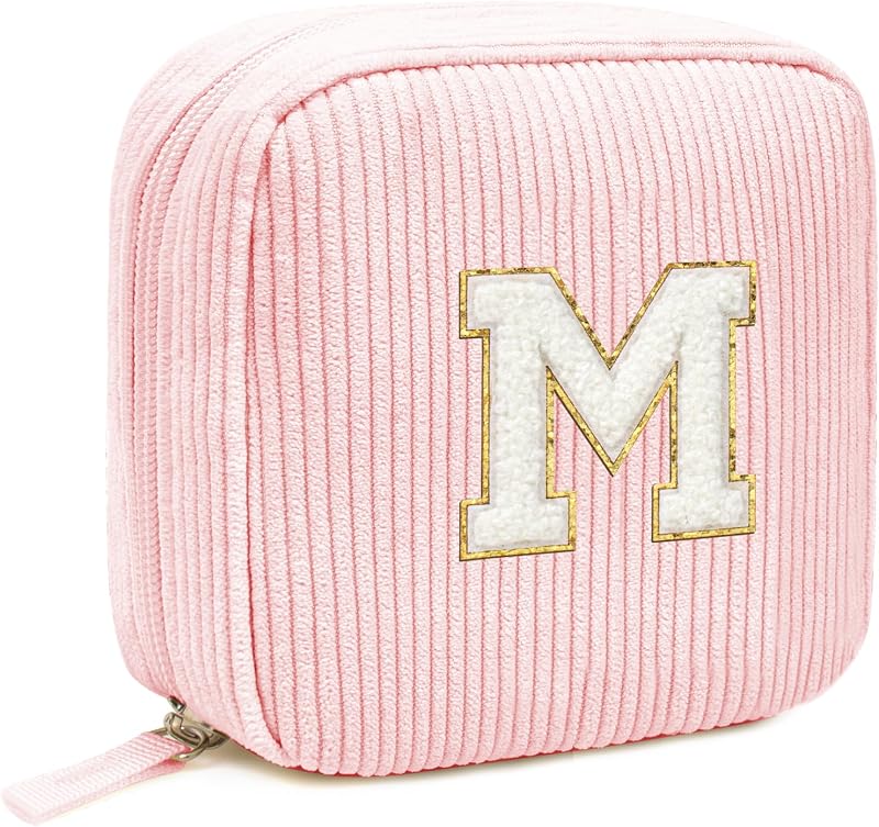 Necessaire de maquiagem LETGO em veludo cotelê com patch de inicial