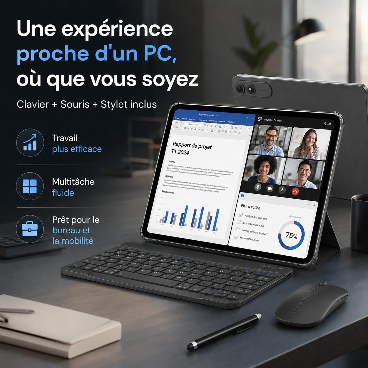 Tablette Android 16 13.4 Pouces 2K FHD+ 120Hz, 24Go+256Go(TF 2To), Octa-Core, Tablette Tactile avec Clavier et Souris, 8300mAh/18W, 16MP+8MP, Widevine L1/Gemini AI/Faciale ID/GPS, Garantie 3 Ans 1PCS