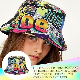 90s Bucket Hat for Men - Women,Funny Graffiti Canvas Fisherman Hat,Packable Sun Cap Rave Party Outfit Accessories Multicoloured