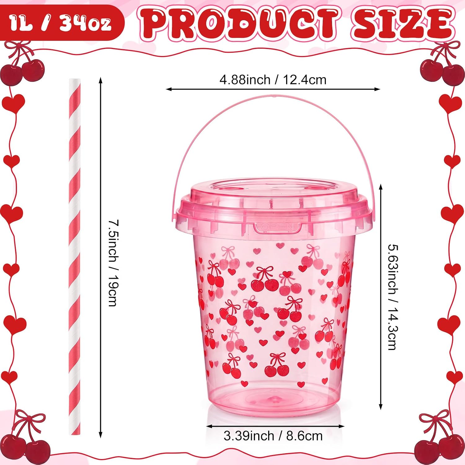 Ceenna 30 Pack Cherry Drink Buckets with Lids and Straws, 34 oz Cups image 2