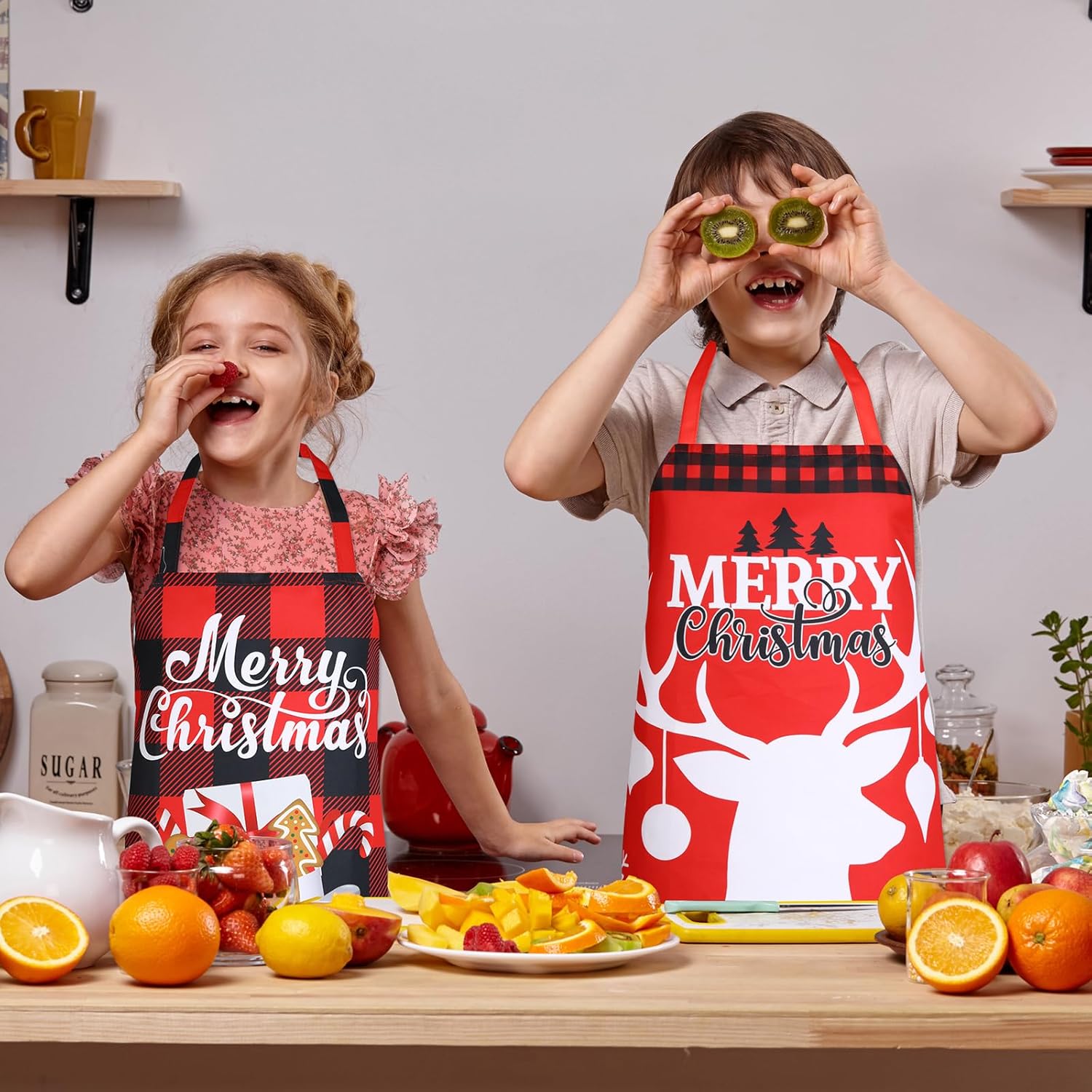 Suhine 12 Pcs Christmas Aprons Bulk Adjustable Red Black Buffalo Plaid Apron for Women Men Cooking Baking Holiday Party Favor