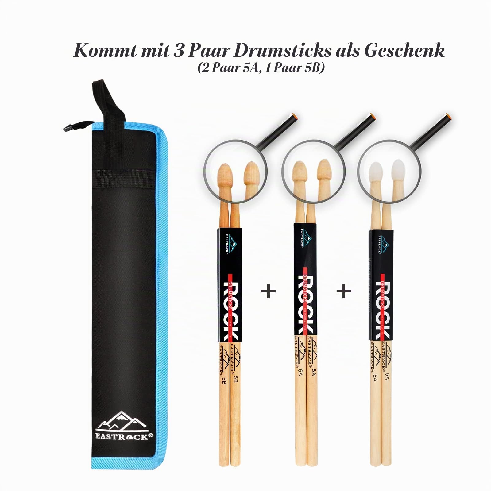 EASTROCK Drumsticks Tasche mit 3 Paar Drumsticks, Floor Tom Haken, Tragegurt für Drumsticks, Drumkeys, Drumdrahtbürsten, Schlägel schwarz