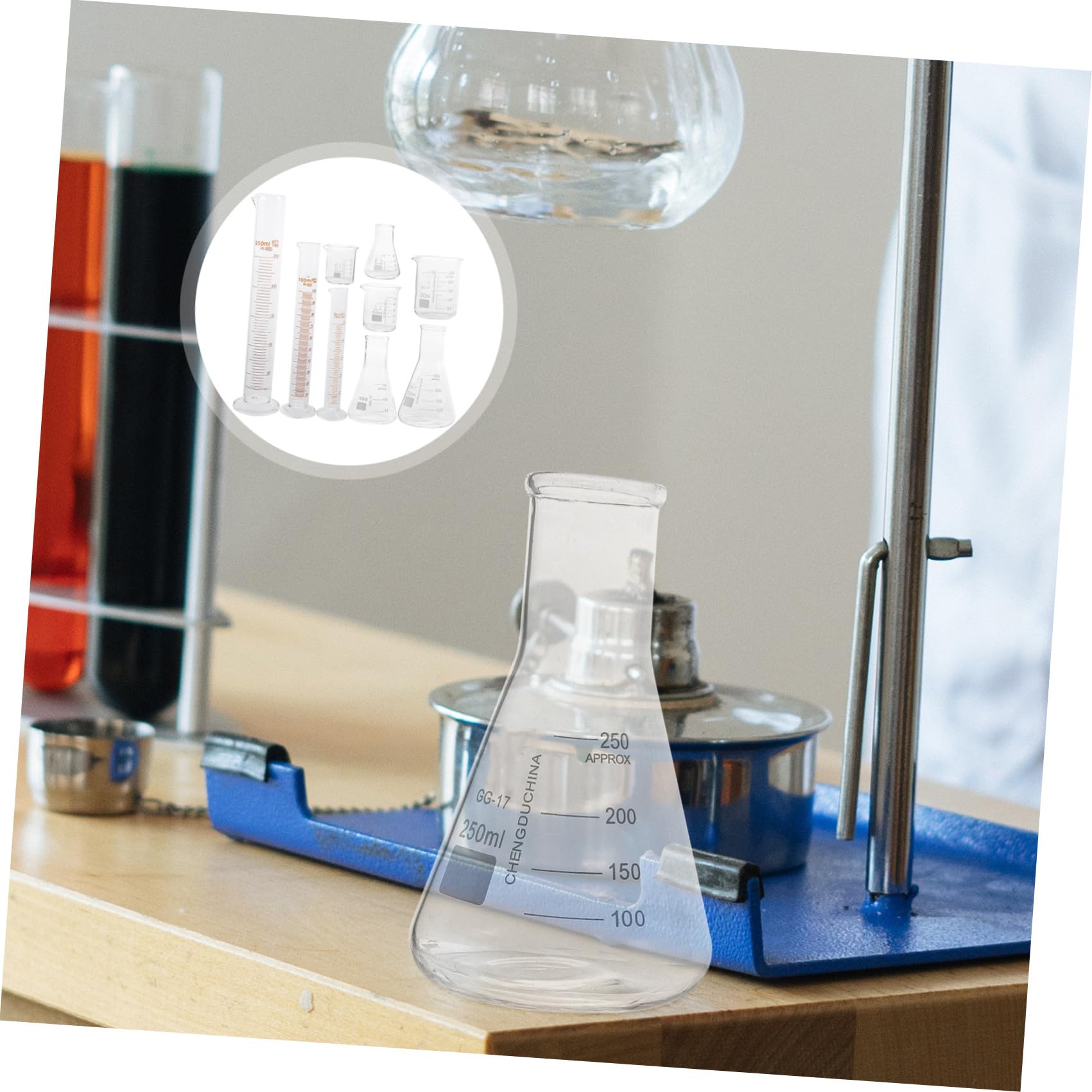 INOOMP 9 pezzi Vetreria da Laboratorio in Vetro Spesso Becher Cilindri Graduati Bottiglie Coniche Misurazione Precisa Resistente Alte Temperature Uso Scientifico e Didattico