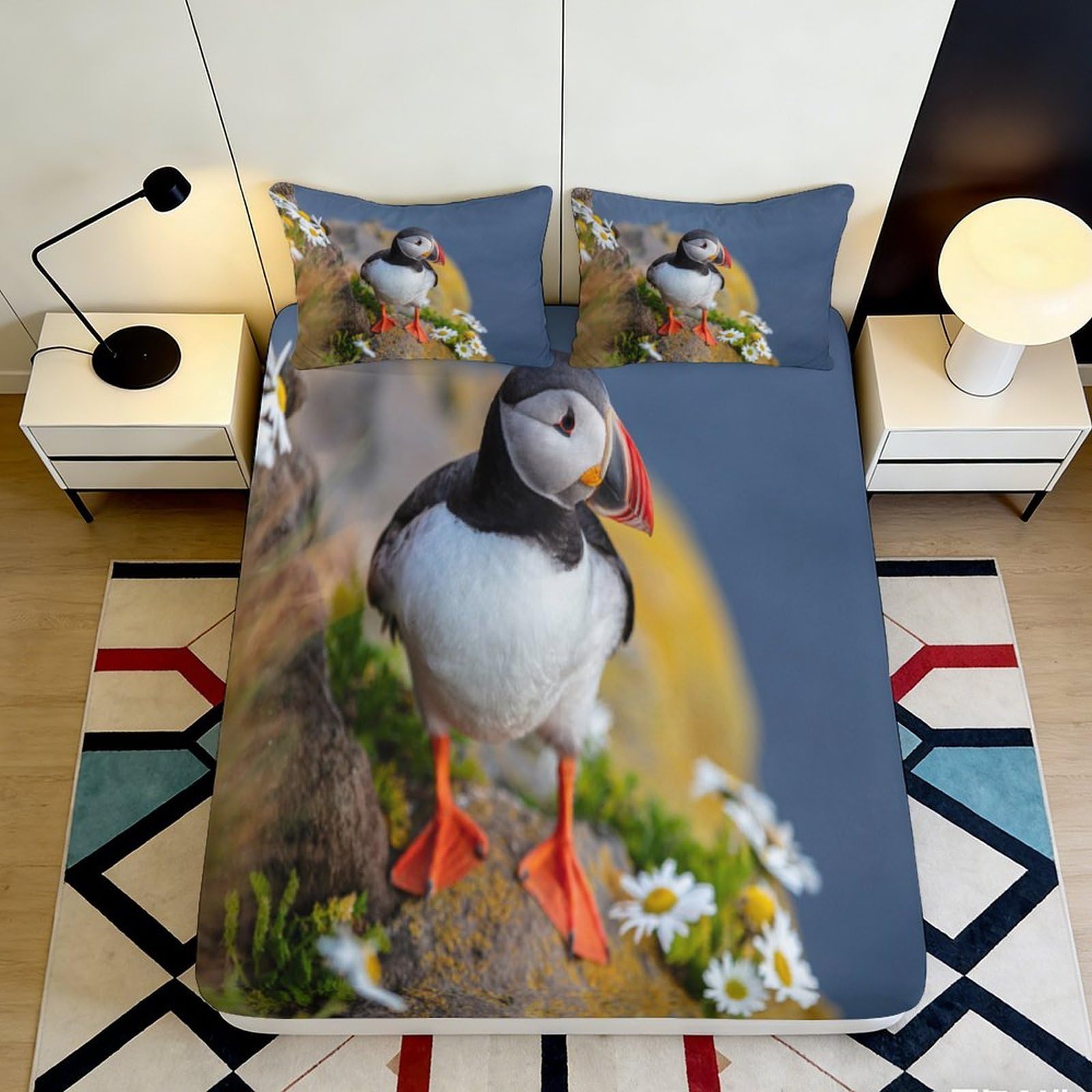 Pnayamiorkfel Style-10 3D Printed Puffin Meadow Fitted Sheet Microfiber Soft Anti-Slip Wildflower Bed Cover For Bedroom Guest Room Decor 90X200x25cm