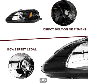 JSBOYAT Headlight Assembly Pair w/Bulbs for 1999 2000 Honda Civic [Halogen Type] OE Style Headlamp Replacement L+R (Black Housing with Amber Reflector)