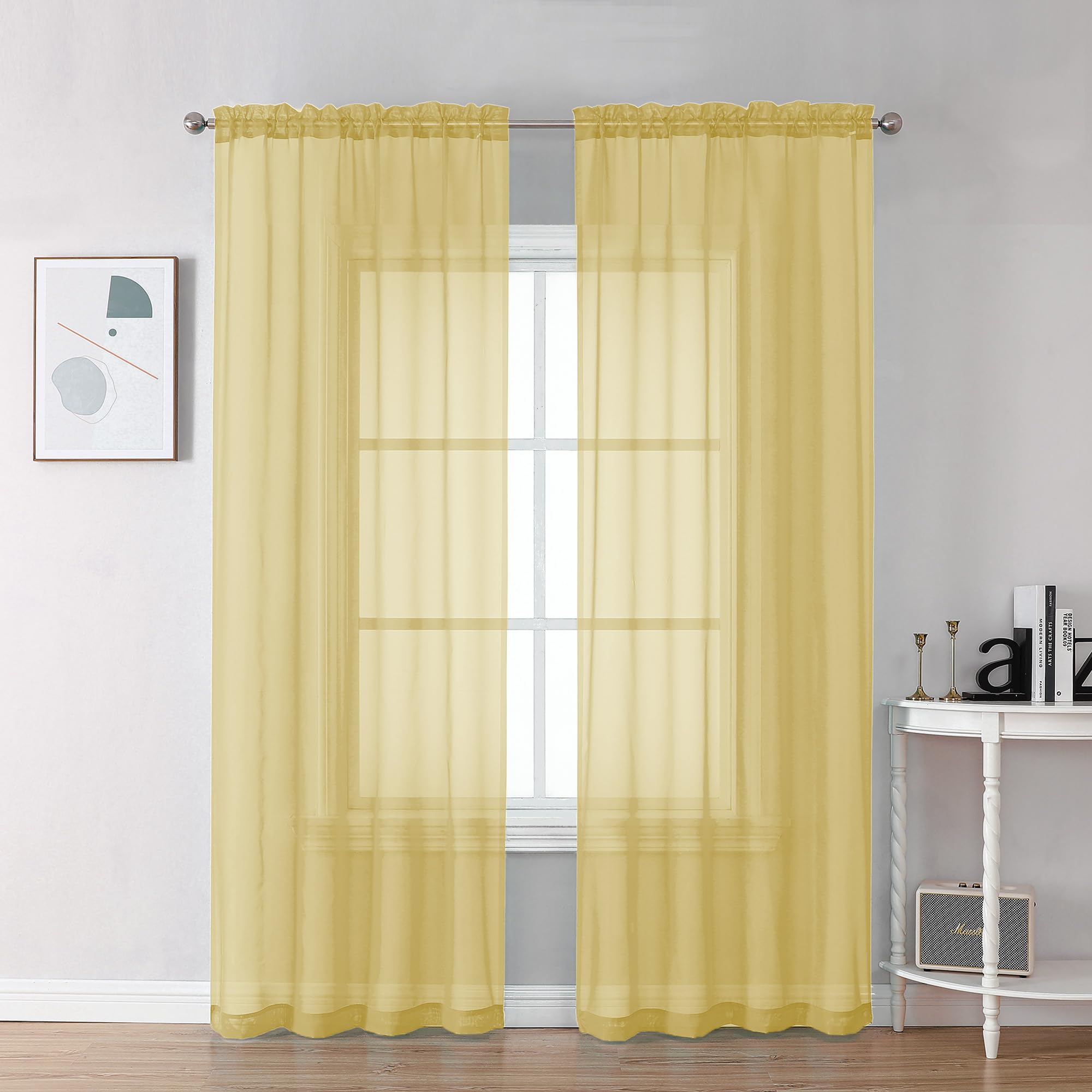 Chyhomenyc Yellow Sheer Curtains 78 Inches Long 2 Panels Set for Living Room, Light Filtering Voile Lightweight Bedroom Curtains, Rod Pocket Solid Window Treatment Drapes, Each 42W x 78L