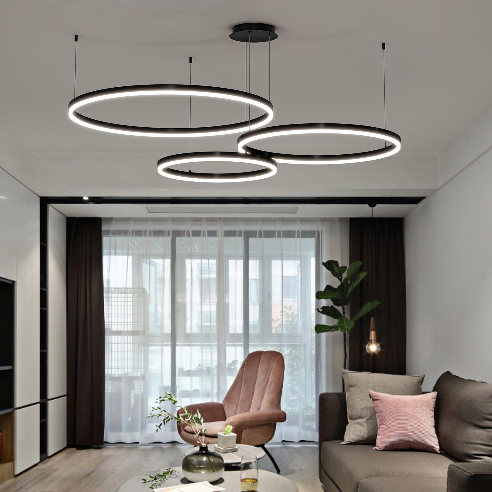 Mikeru 3 Ringe LED Pendelleuchte, 20+40+60cm Küchenlampe Hängeleuchte Modern Esszimmer Dimmbar 10% bis 100% 3000K/4500K/6000K Hängelampe LED Esstisch für Wohnzimmer, Küche