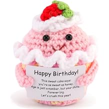 Crochet Pink Strawberry-Cake Doll with Positive Card Birthday Gifts for Women Handmade Emotional Support Pinky Promise Suitable for Home Decor Doll Ornaments