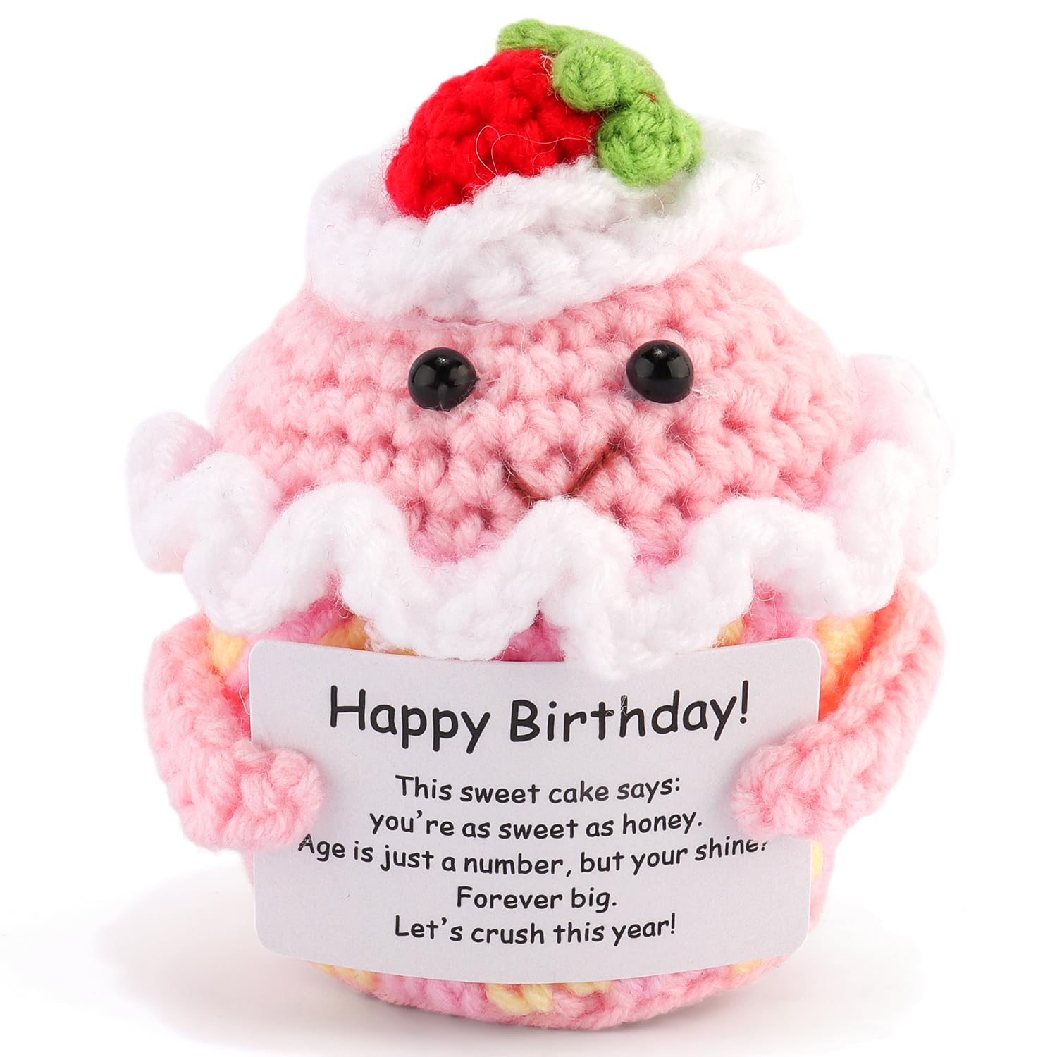 Crochet Pink Strawberry-Cake Doll with Positive Card Birthday Gifts for Women Handmade Emotional Support Pinky Promise Suitable for Home Decor Doll Ornaments