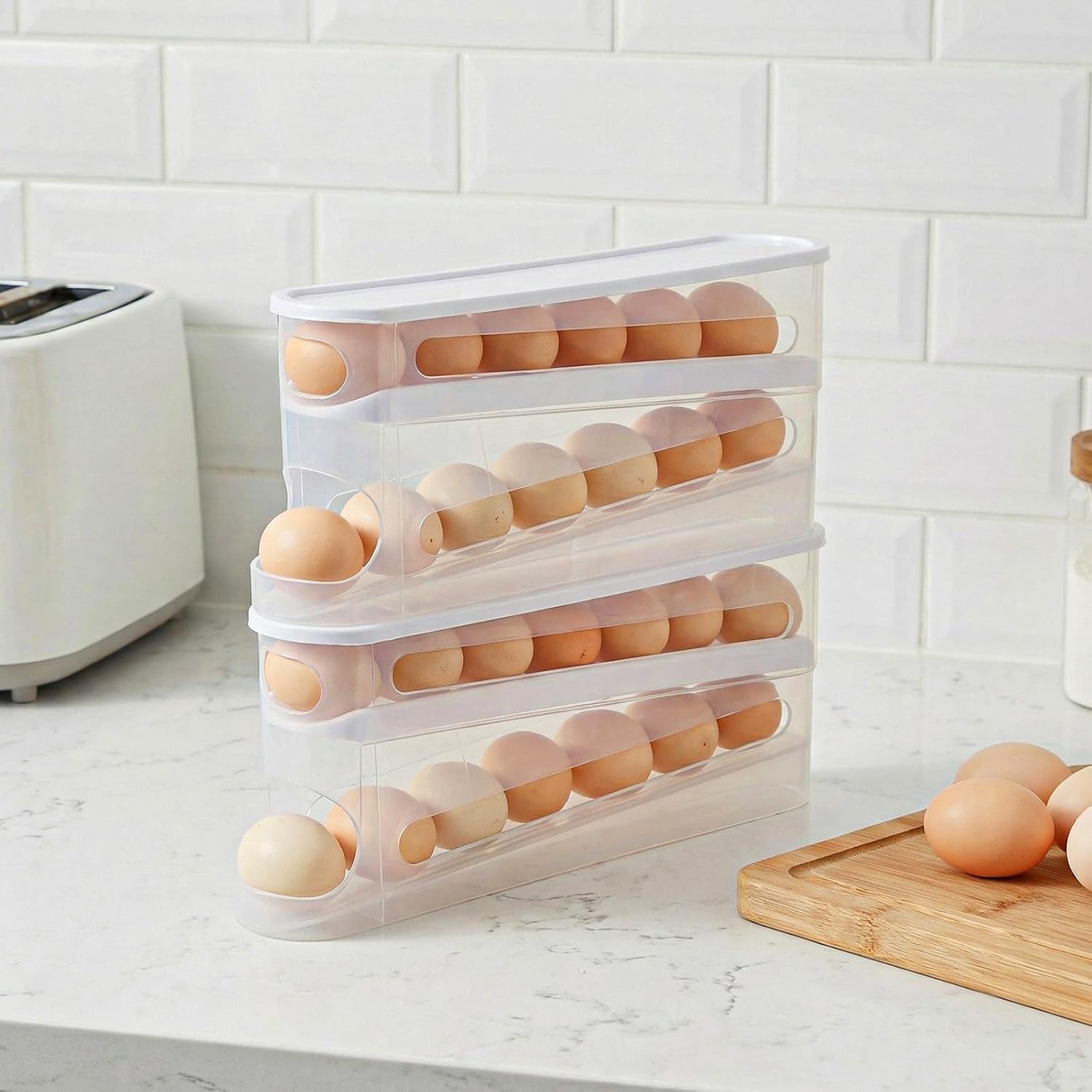 2-Pack Egg Dispenser for Refrigerator, Automatic Rolling Double-Layer Egg Organizer with Lid, Space-Saving Transparent Eggs Cartons for Kitchen Countertop & Fridge Storage