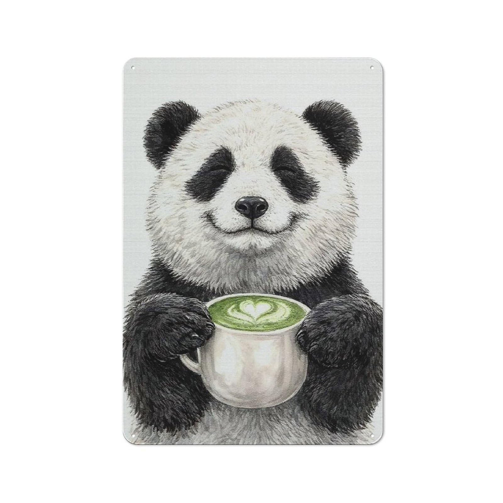Junmoney Style-22 Vintage Vintage Metal Sign 30X20cm Featuring Panda Holding Matcha Latte, Restaurant Wall Art For Takeaway, Bar, Kitchen Or Counter Area