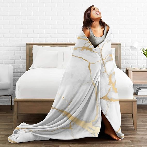 Perinsto Golden Yellow Marble Texture Throw Blanket Ultra Soft Warm All Season Decorative Fleece Blankets for Bed Chair Car Sofa Couch Bedroom 50