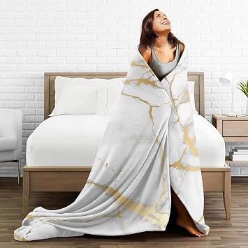 Perinsto Golden Yellow Marble Texture Throw Blanket Ultra Soft Warm All Season Decorative Fleece Blankets for Bed Chair Car Sofa Couch Bedroom 50