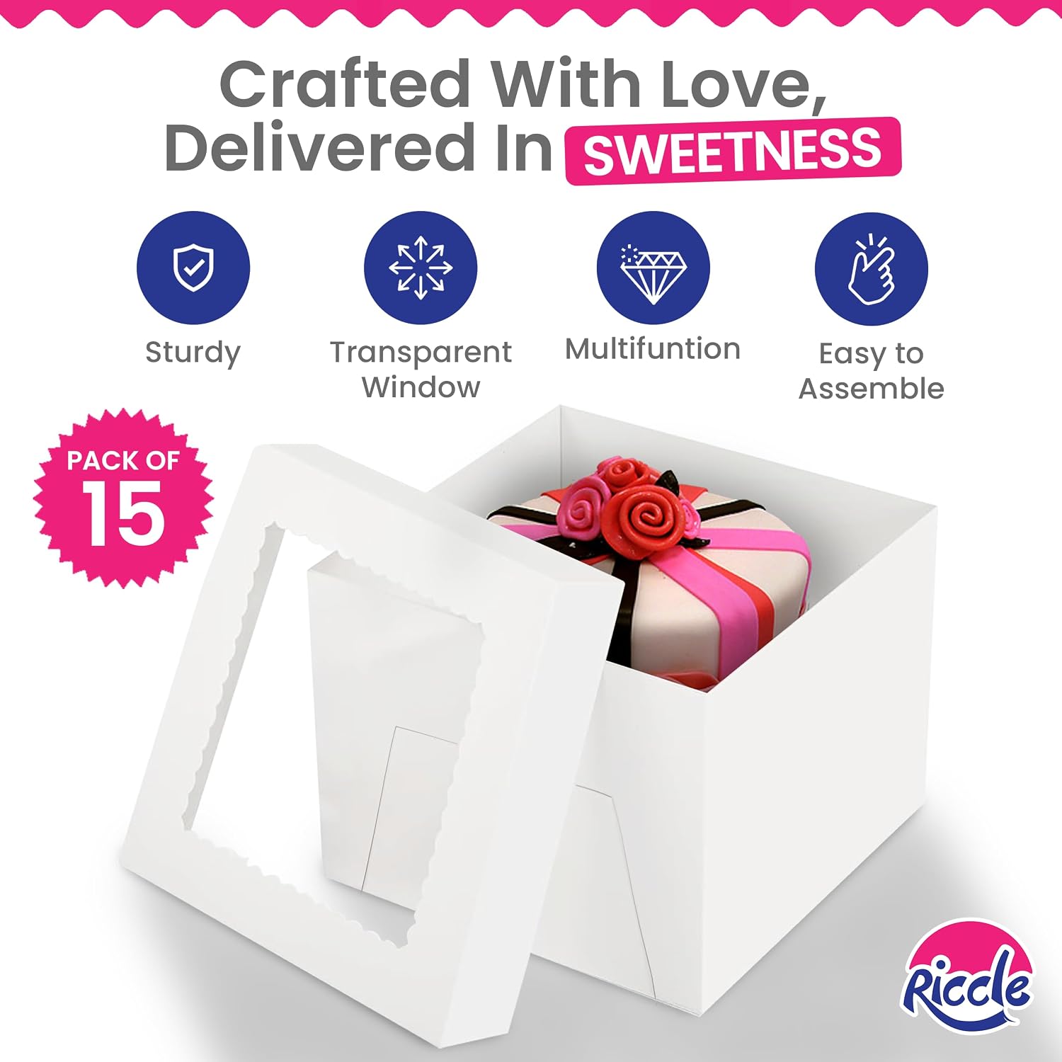 15pcs Cake Boxes, 10x10x8 Inches Tall Cake Box with Window, Large White Bakery Boxes, Baking Boxes, Square Cardboard Cake Box for Multi-Layer Cakes, Cake Decorating Supplies, Valentines Day