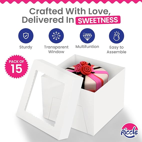 RICCLE 15pcs Cake Boxes, 12x12x8 Inches Tall Cake Box with Window, Large White Bakery Boxes, Baking Boxes, Square Cardboard Cake Box for Multi-Layer Cakes, Cake Decorating Supplies