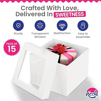 RICCLE 15pcs Cake Boxes, 12x12x8 Inches Tall Cake Box with Window, Large White Bakery Boxes, Baking Boxes, Square Cardboard Cake Box for Multi-Layer Cakes, Cake Decorating Supplies