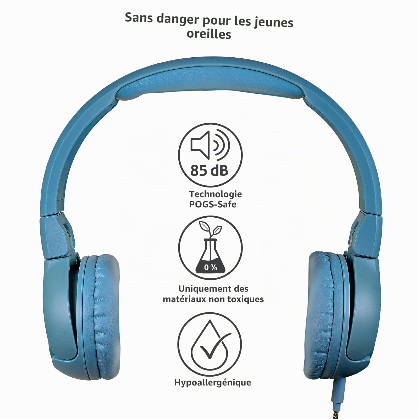 POGS Casque filaire pour enfants | The Elephant 2 | Casque réglable et durable pour enfants de 3 ans et plus | Limité à 85 dB, microphone | Casque sur-oreille | Fonction de partage de musique Câble