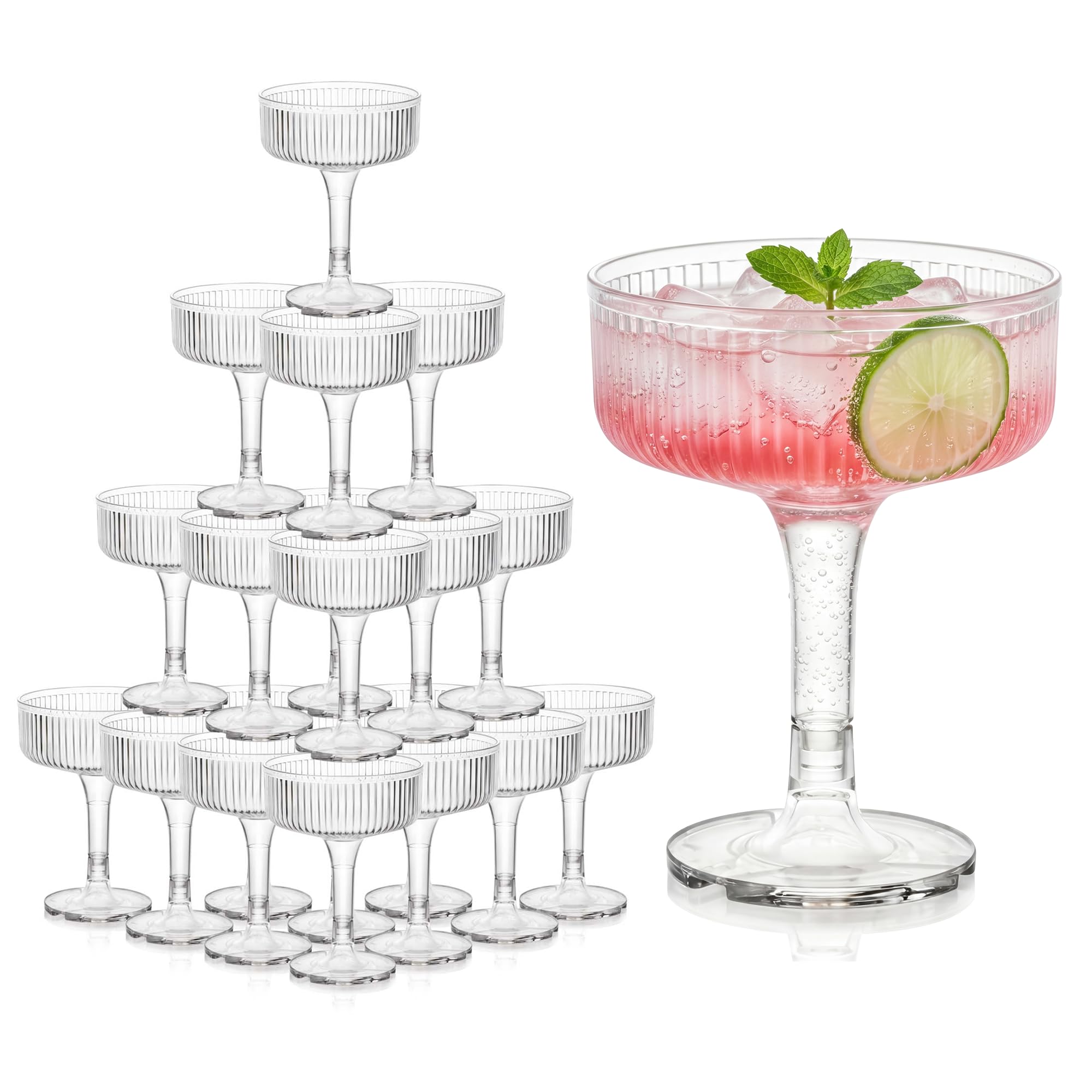 Ronasip 7oz Plastic Champagne Flutes (20 Pack), Clear Acrylic Coupe Glasses for Wedding Essentials Champagne Tower, Reusable Unbreakable Goblet Glasses for Toasting, Bridal Shower, Party