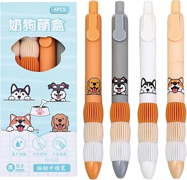 MOZXIRZ 4 Pcs Cute Gel Pens Retractable Pens Cartoon Dog Pen 0.5mm Black Ink Smooth Writing Pen for Women Office School Supplies Dog